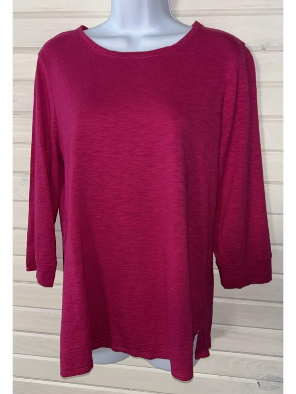 Chicos Sz 1 (MEDIUM) Pink Button Back Seamed Tee Cotton Modal Slub Knit EUC